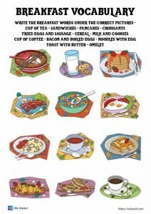 Breakfast vocabulary worksheet printable