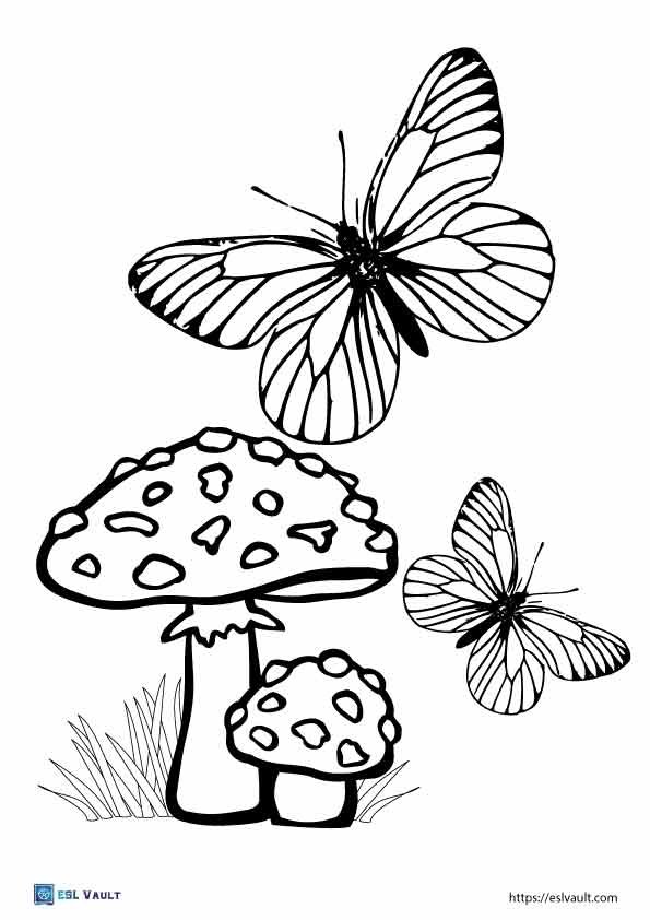 butterfly coloring page printable with mushrooms