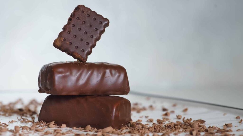 3 pieces of chocolate stacked on each other