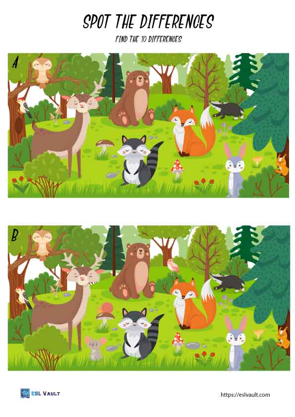 spot the difference printable worksheet of animals in a forest