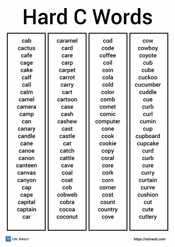 100 Hard C words list with 24 free pictures - ESL Vault