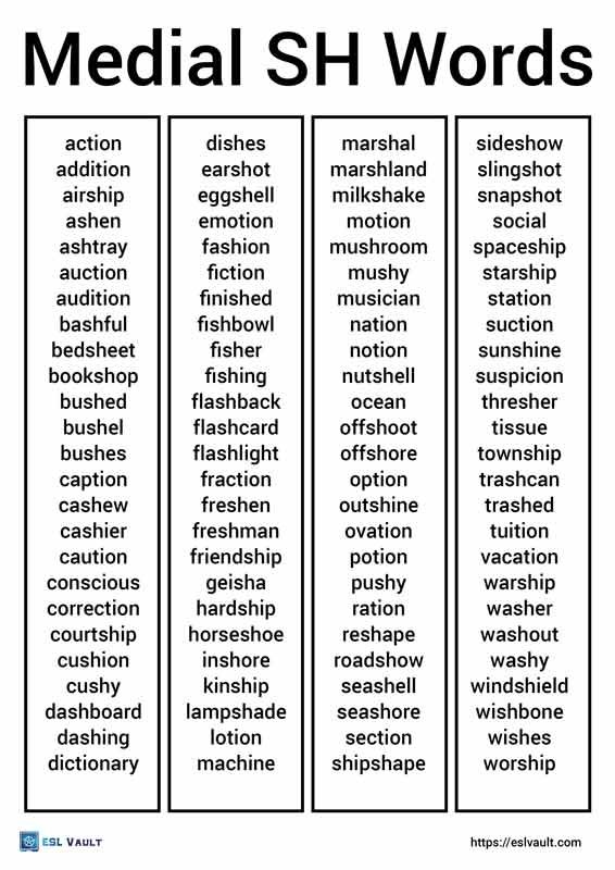 medial sh words list