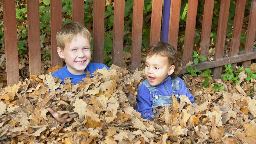 two siblings playing in dry leaves