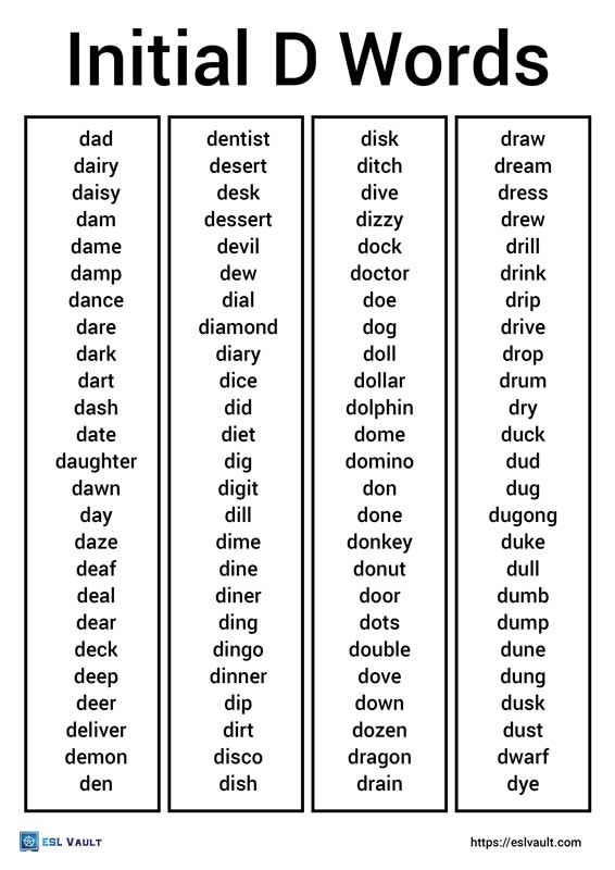 Free initial D words list and 40 pictures (PDF) - ESL Vault