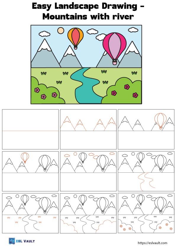 easy landscape drawing for kids mountains