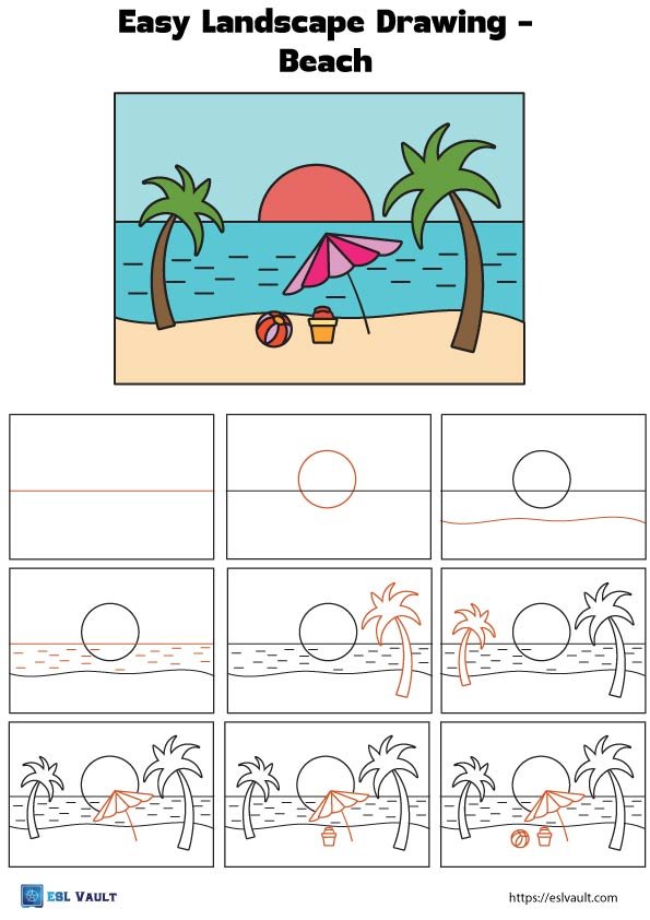 easy landscape drawing for kids beach