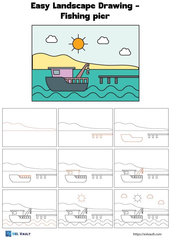 easy landscape drawing for kids pier