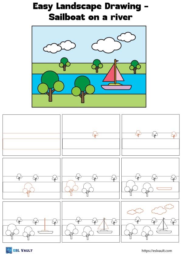 easy landscape drawing for kids river boat