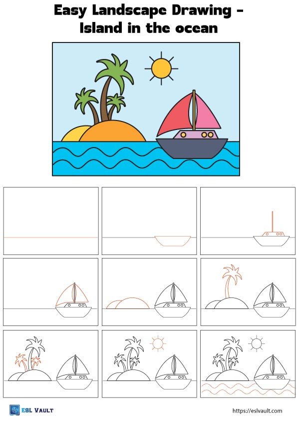 easy landscape drawing step by step island