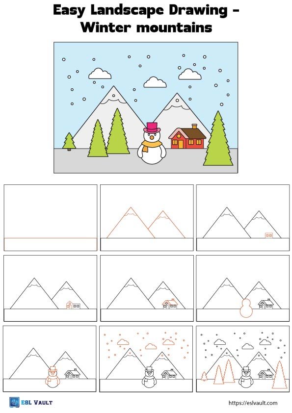step by step landscape drawing for kids winter.