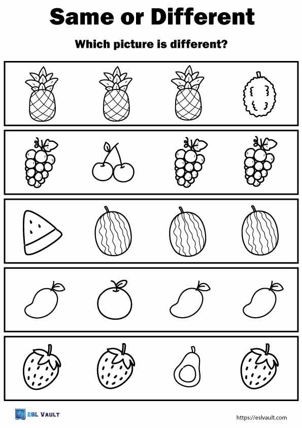 same different worksheet preschool fruit