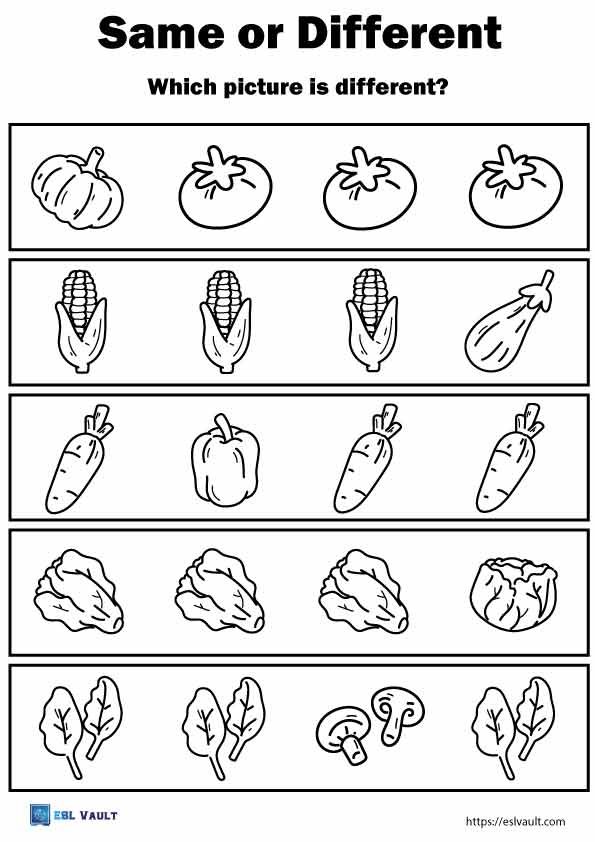 same different worksheet vegetables