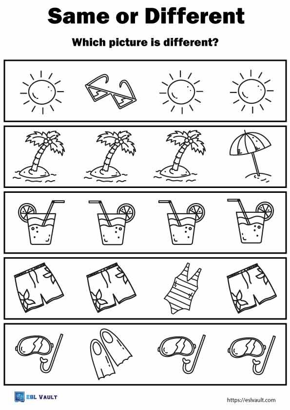same different worksheets beach