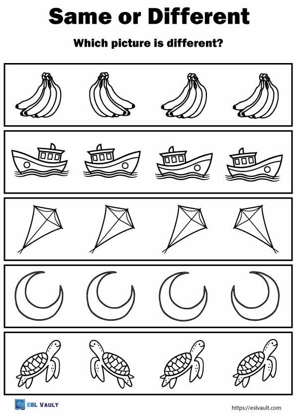 same different worksheets for kindergarten