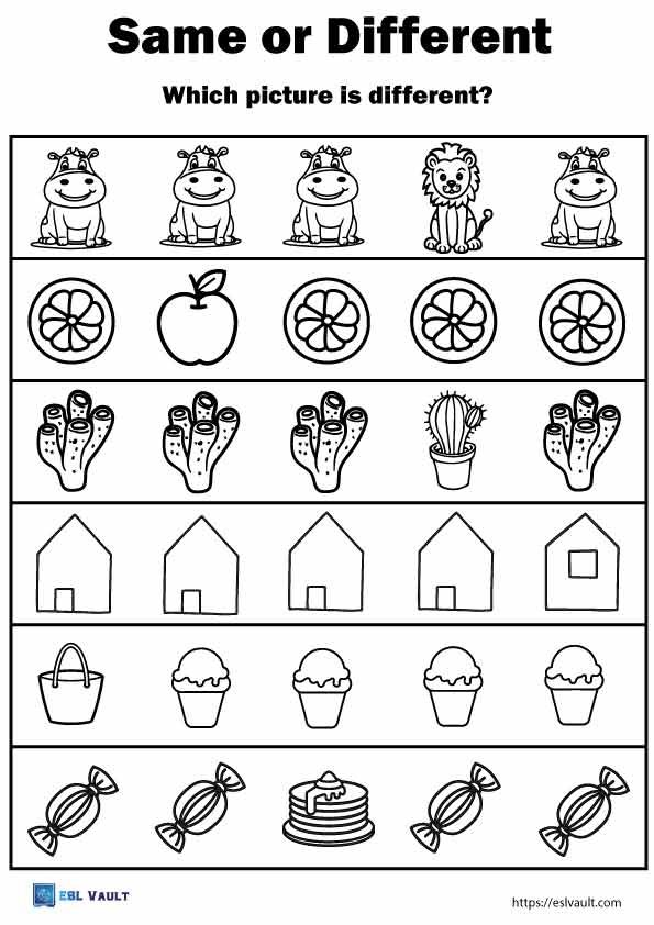 same different worksheets for preschool