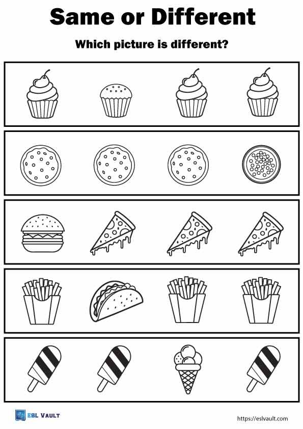 same vs different worksheets food 2