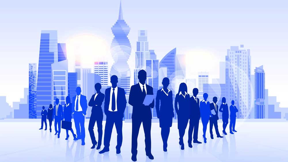 business people in front of buildings