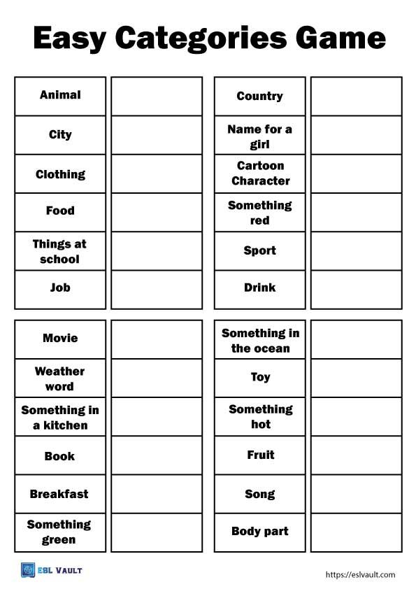 Scattergories categories list and game