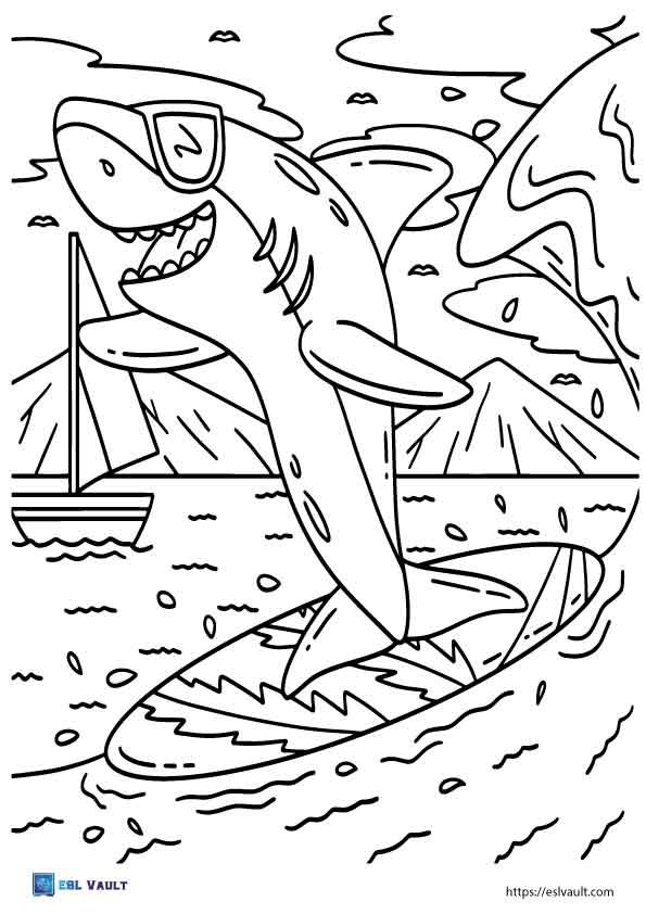 cute surfing shark coloring page