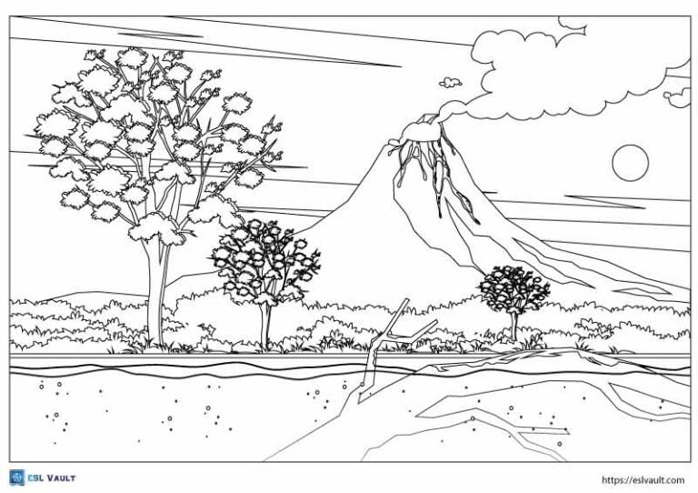 detailed volcano coloring page