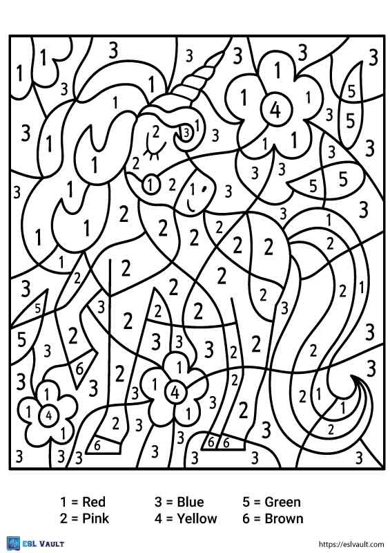 easy unicorn color by number