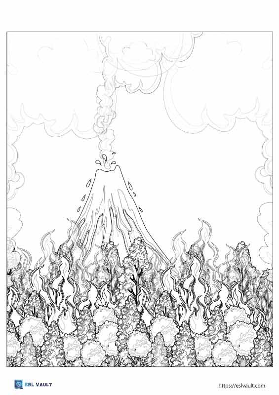 forest fire volcano coloring page