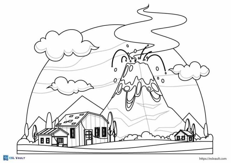 house and volcano coloring page