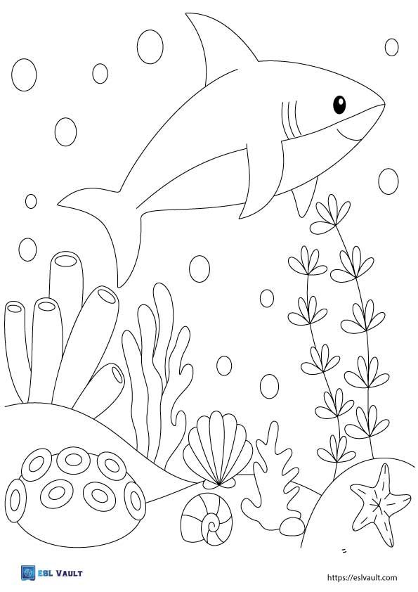 kawaii shark coloring page