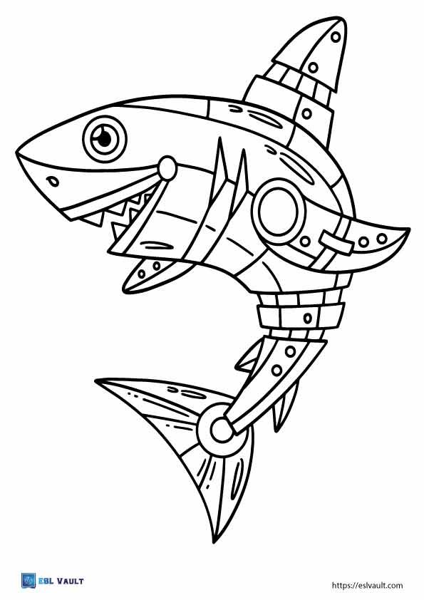 robot shark coloring page cute