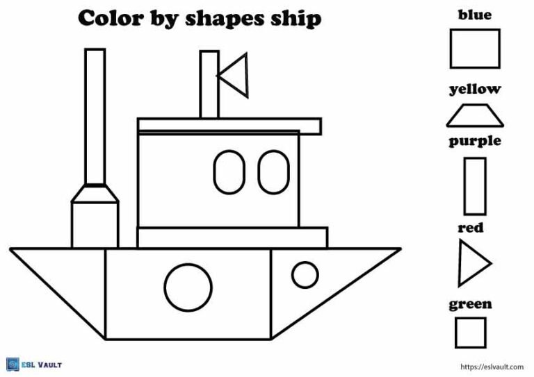 free color by shapes worksheet ship