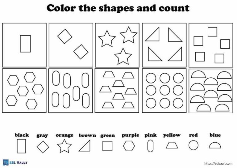 kids color by shape counting worksheet