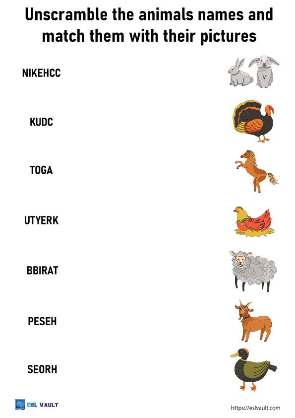 farm animals matching worksheet 2