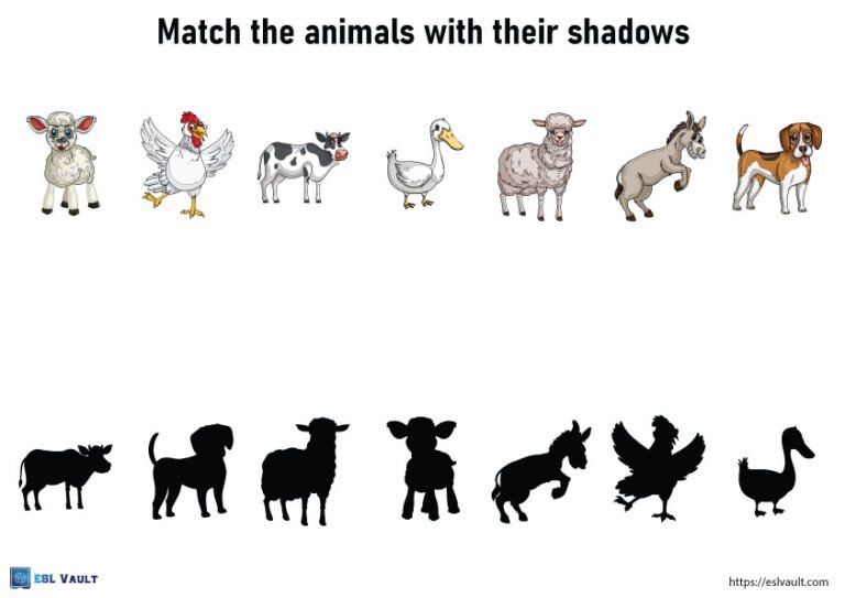 farm animals shadow matching worksheet