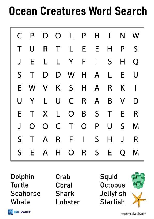 ocean creatures word search worksheet