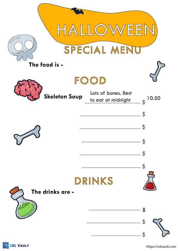 Halloween writing worksheet menu