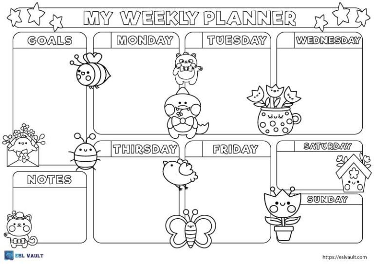 kids weekly planner coloring page