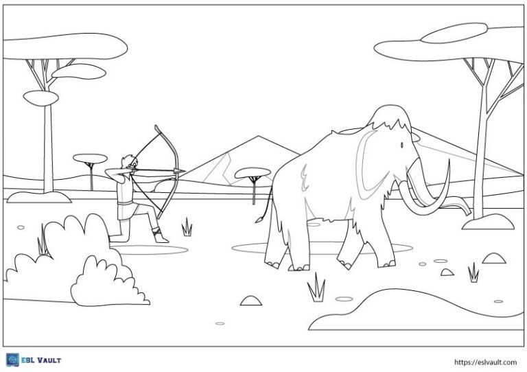 stone age coloring page with mammoth