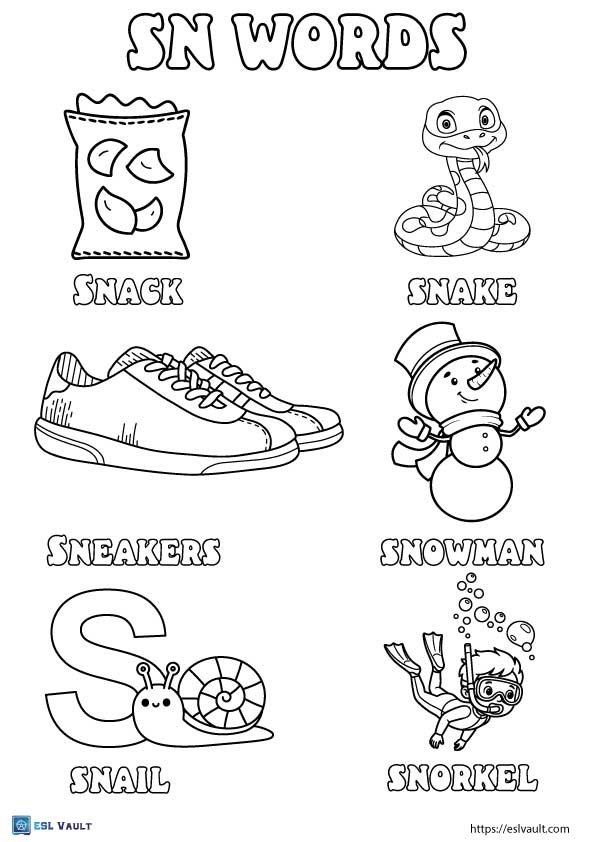 SN blends words worksheet coloring