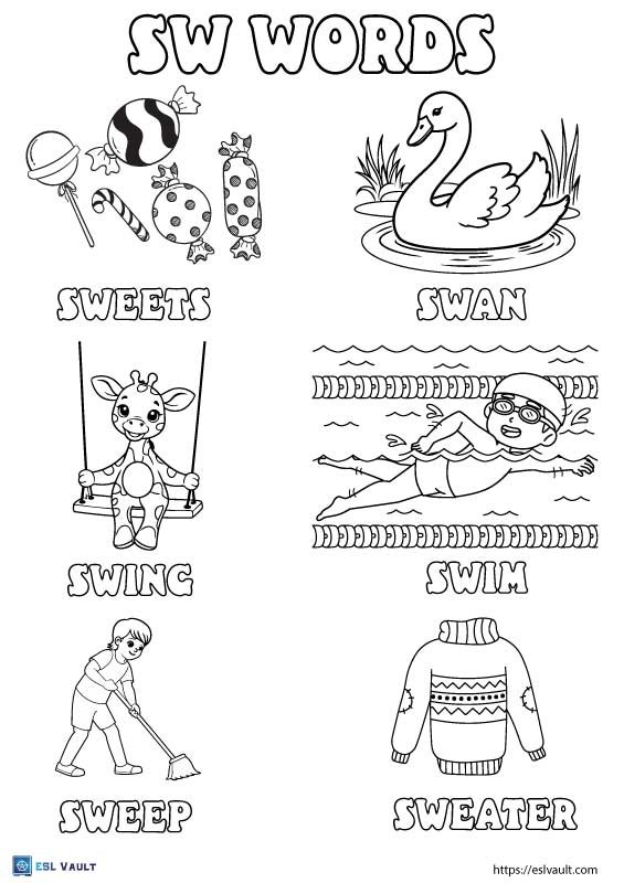 SW blends words worksheet coloring