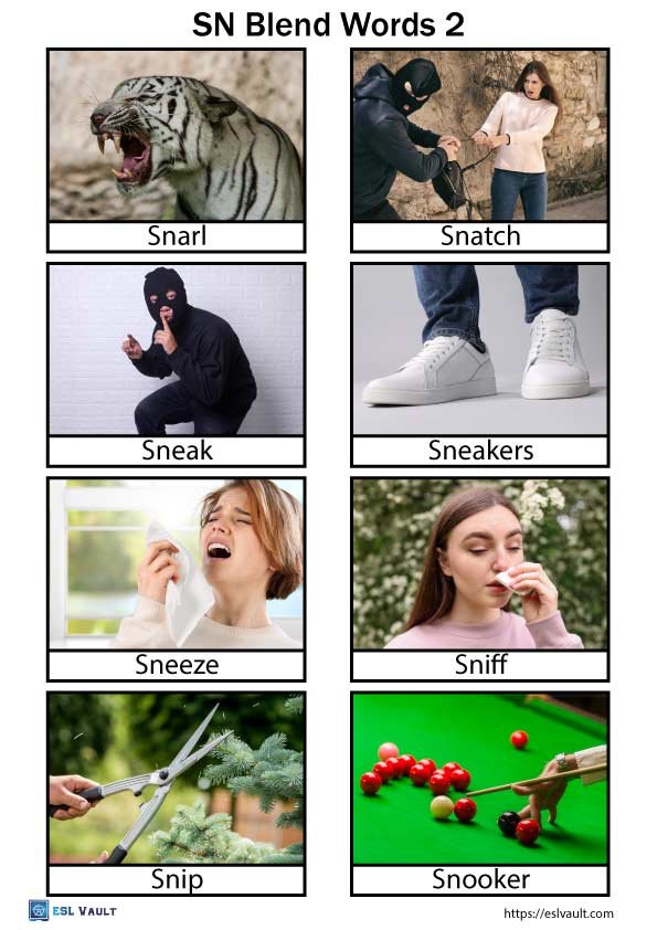printable SN blend words with pictures
