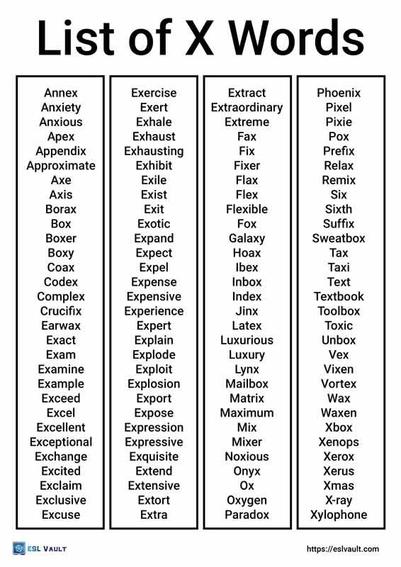 printable list of x words