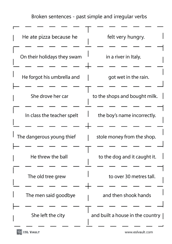 broken sentences with irregular verbs for ESL