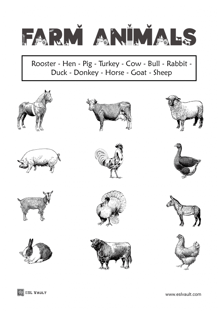farm animals matching worksheet for ESL