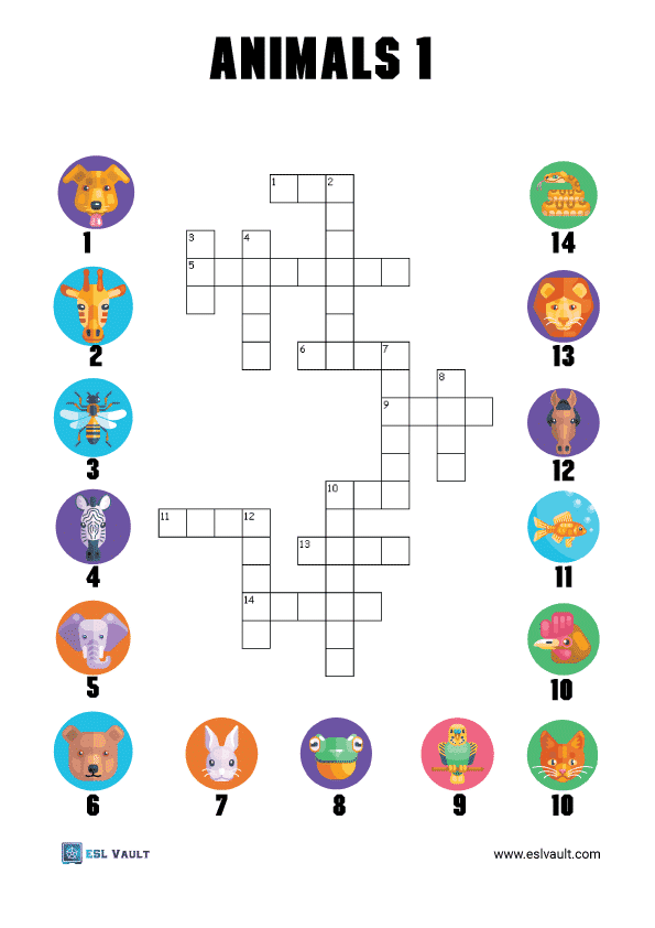 Easy 14 animals crossword for kids - ESL Vault