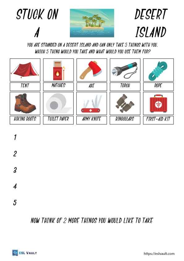 desert island writing activity for ESL