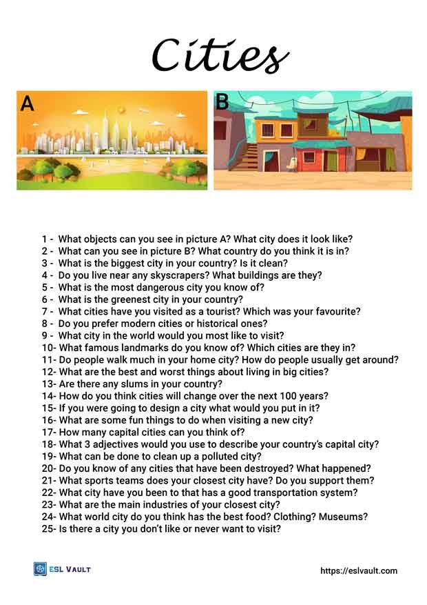 25 cities conversation questions for ESL classes