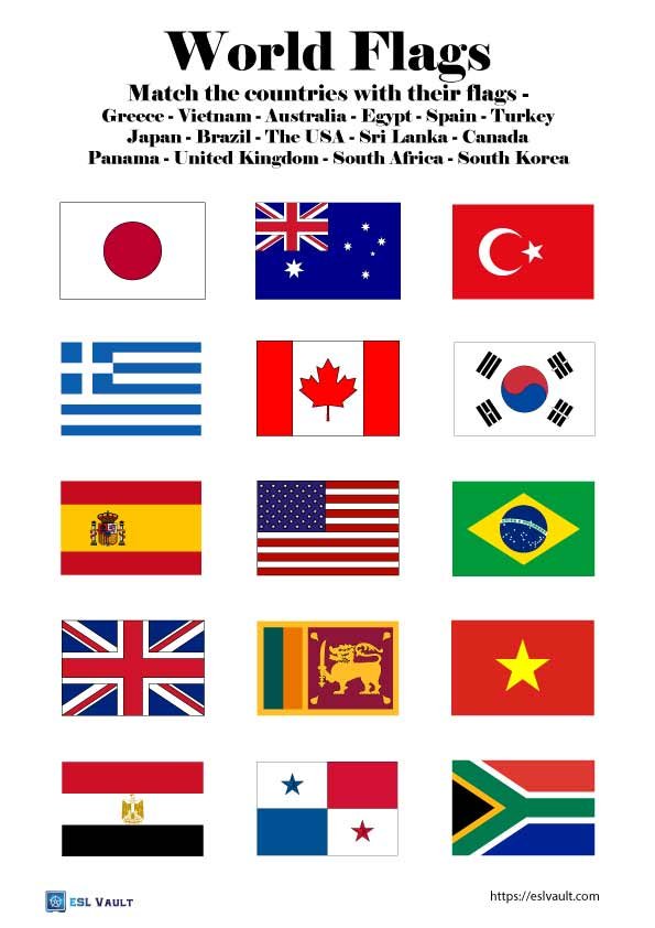 World Flags Worksheet Printables ESL Vault
