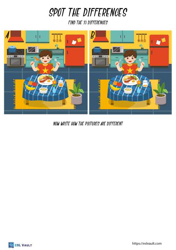 spot the difference printable worksheet of a kitchen