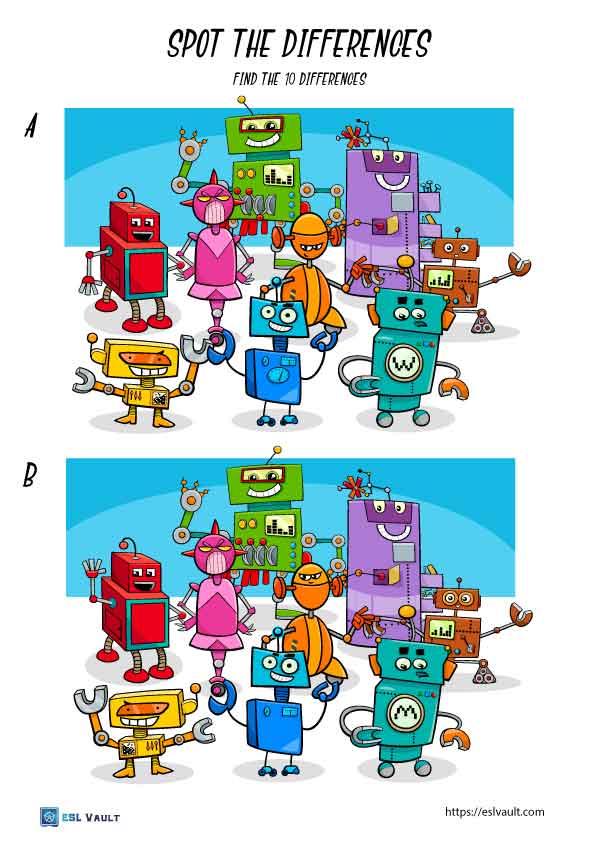 spot the difference printable worksheet with robots