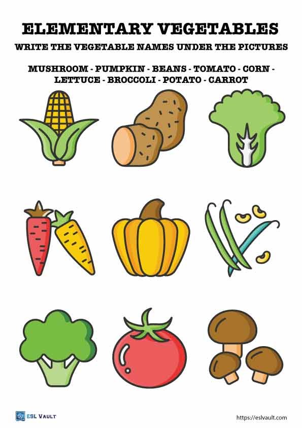 elementary vegetables worksheet for ESL